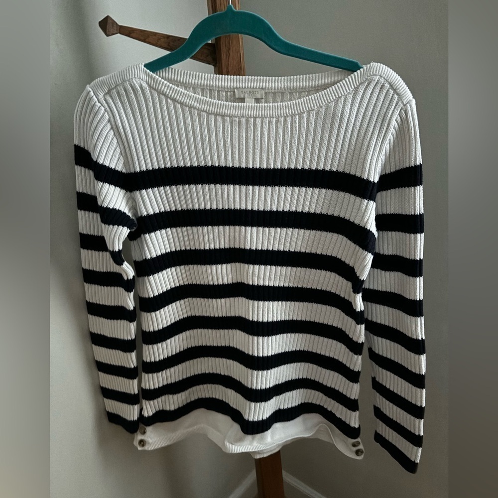 Talbots Medium ribbed Blue & White Striped Boatneck Cotton Sweater